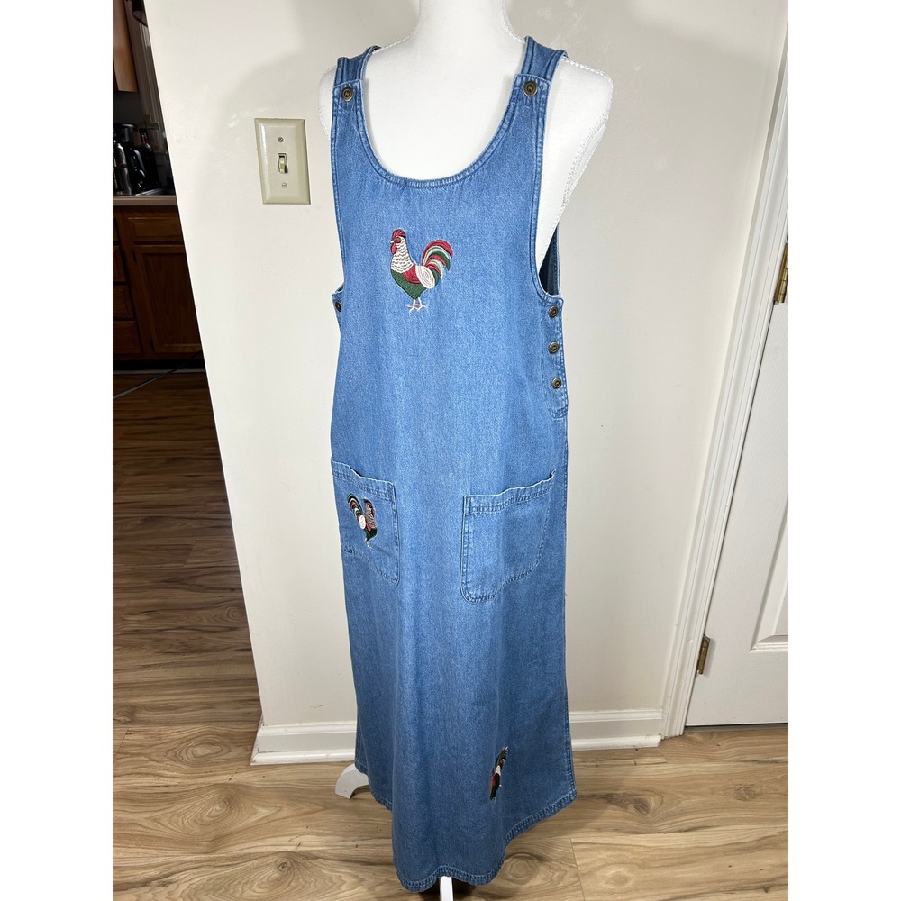 VTG Rooster Embroidered Denim Overall Jumper Dress Blue Cotton Maxi Pinafore S/P